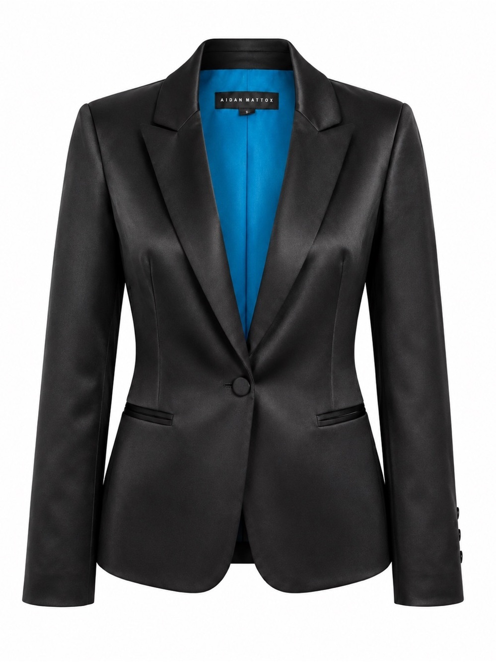 Aidan Mattox Black Satin Blazer | Size 6 | Blue Lining | Tailored Evening Jacket